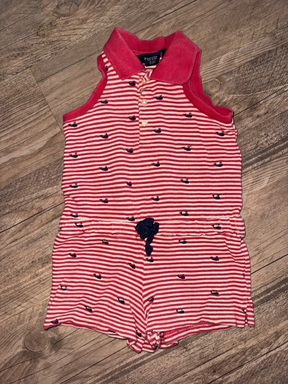 Ralph Lauren Patriotic USA Red Stripe Polo Romper with Navy Whale Details